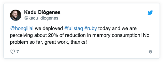 @honglilai
 we deployed #fullstaq #ruby today and we are perceiving about 20% of reduction in memory consumption! No problem so far, great work, thanks!